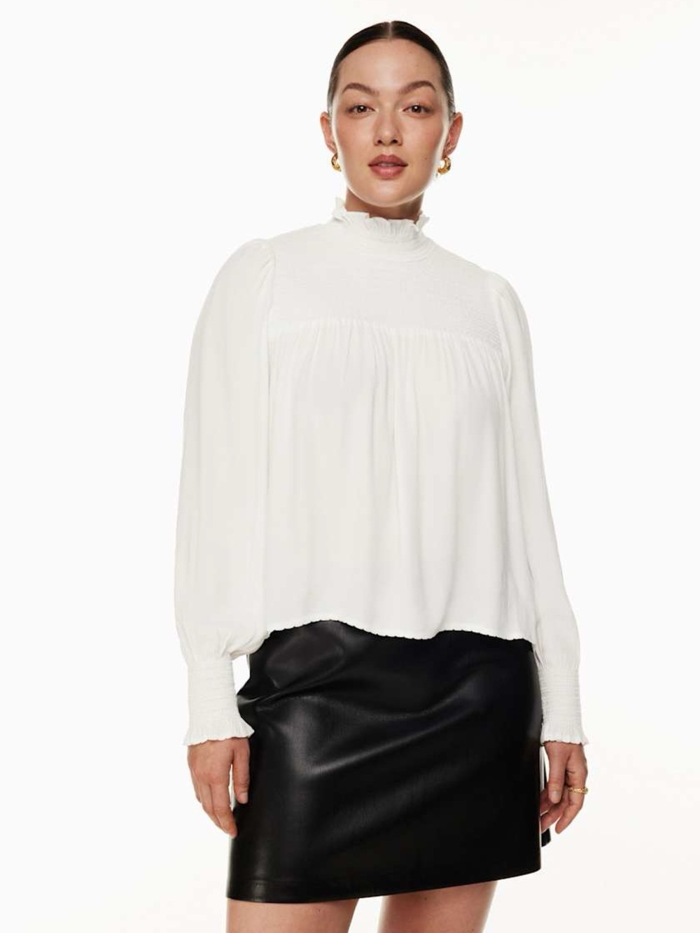Wilfred Nessie White Smocked High-Neck Long-Sleeve Blouse - L